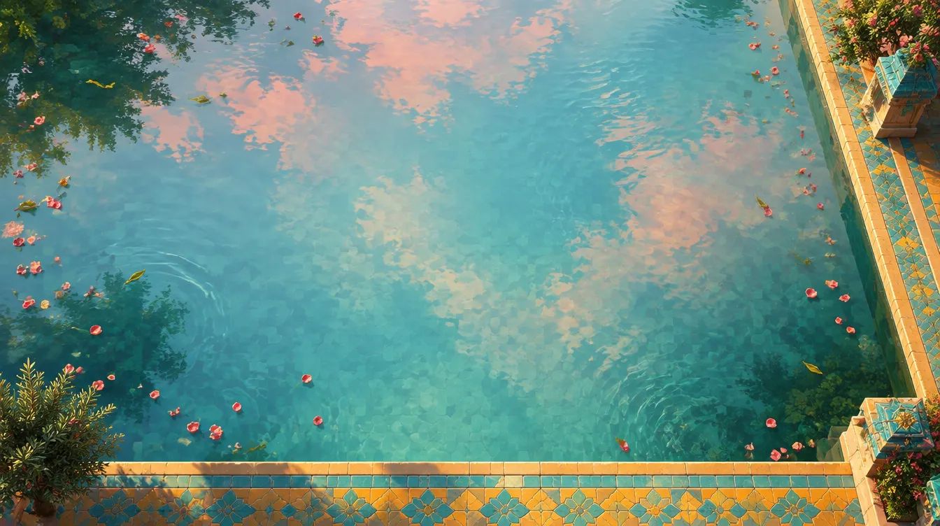 Kolam taman ketujuh dilihat lurus dari atas, airnya memantulkan langit senja merah muda dan toska, kelopak mengapung.