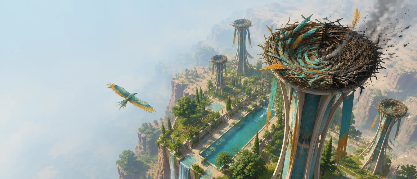 Windspire: menara angin ramping menjulang dari taman berteras, sarang besar di puncak menara tertinggi setengah hangus.